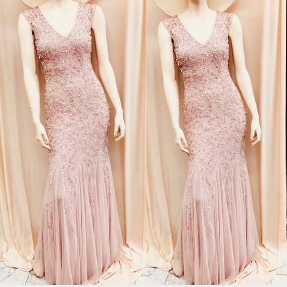 Aidan Mattox beaded cap sleeves V-Neck mermaid Long Dress - Picture 5 of 12